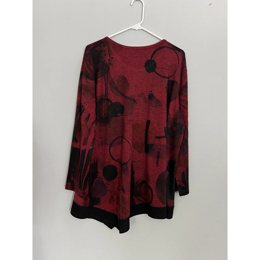 Jess & Jane‎ Shirt Womens 2X Red Black Abstract Print Long Sleeve Top Made USA - Picture 2 of 13